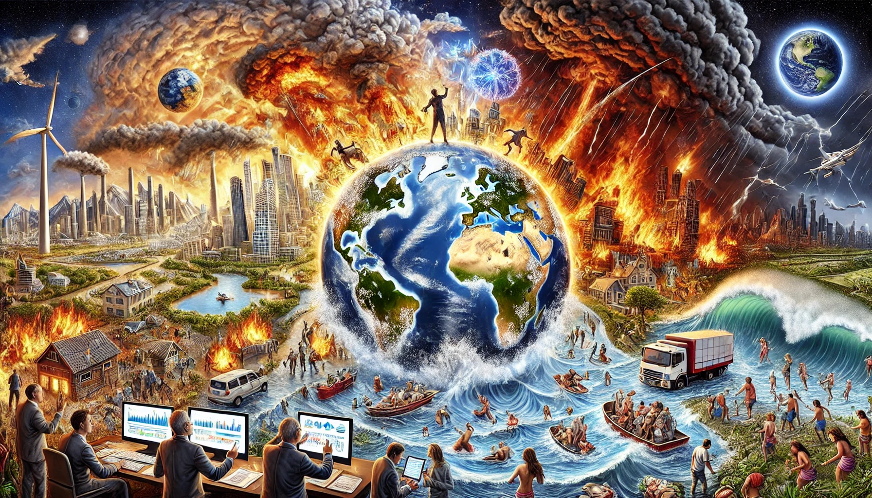 A powerful visualization of climate change impacts_ extreme weather events like heatwaves, floods, wildfires, and storms affecting different regions.